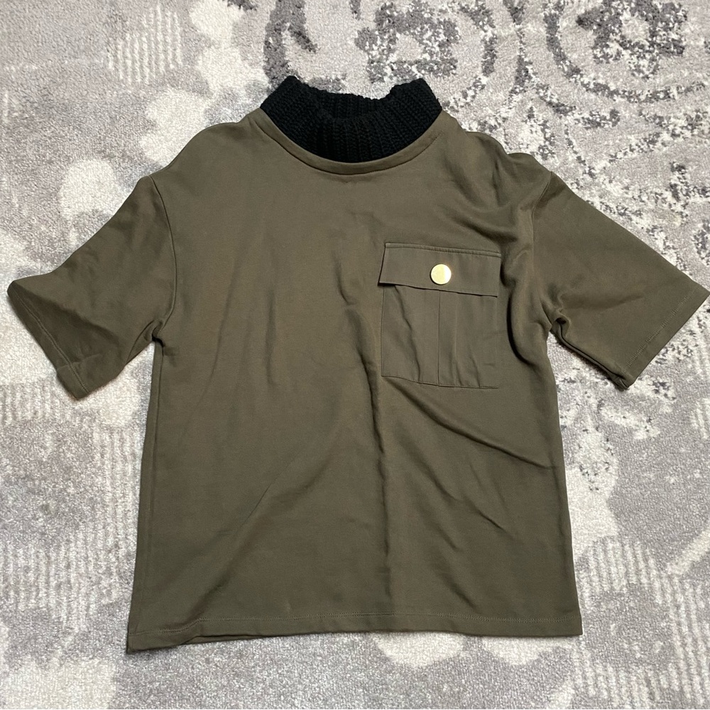Zara Trafaluc Army Green Turtleneck Oversized Sweatshirt Shorts Sleeve Top
